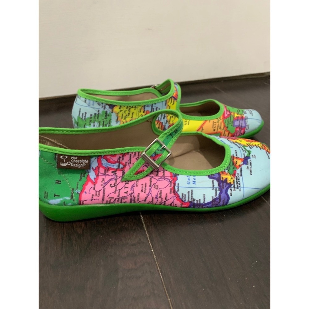 Hot Chocolate Design Chocolaticas World Map Mary Jane Flats Green Size 39